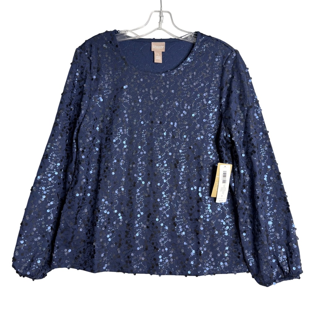 New Chico's Sequined Scoop Neck Top Womens M 1 Midnight Blue 3/4 Sleeves Popover